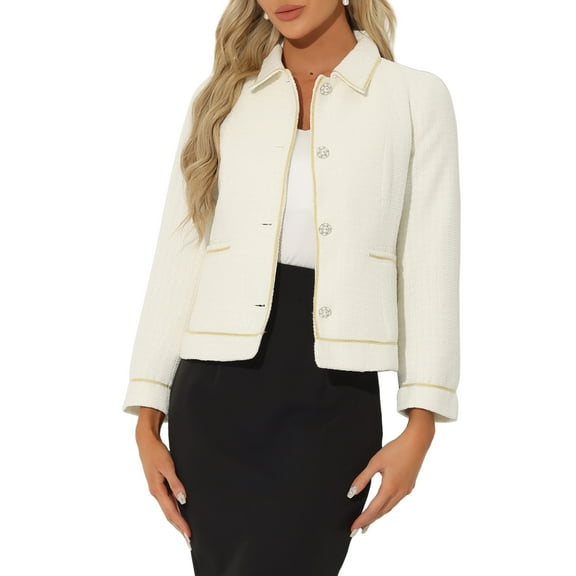 INSPIRE CHIC Collar Jackets for Women's Long Sleeve Pearl Button with Pokets Contrast Trim Coats White M