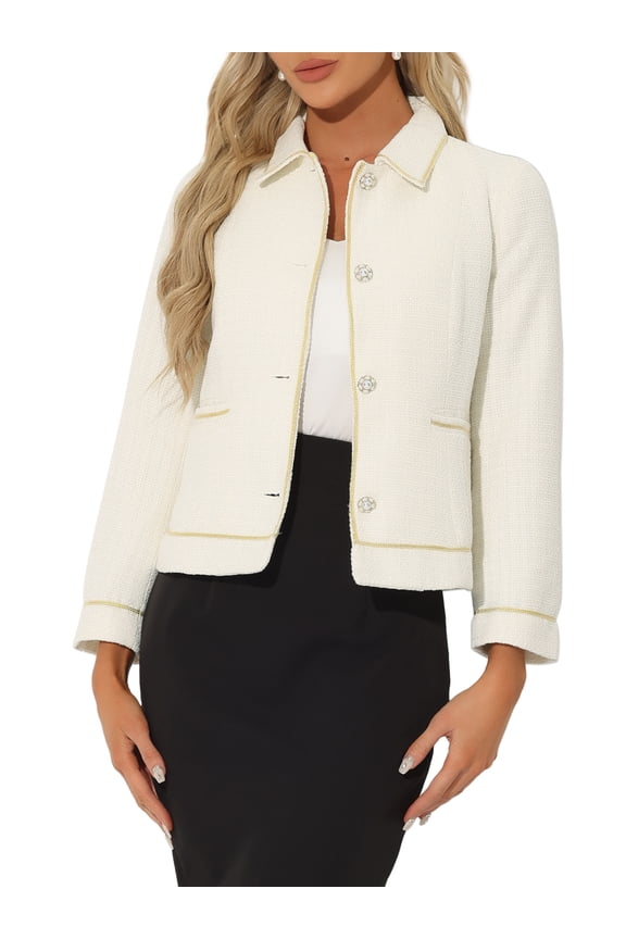 Collar Jackets for Women's Long Sleeve Pearl Button with Pokets Contrast Trim Coats XS White