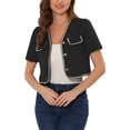 thumbnail image 1 of INSPIRE CHIC Contrast Trim Jacket for Women's V Neck Short Sleeve Single Breasted Work Blazer L Black, 1 of 6