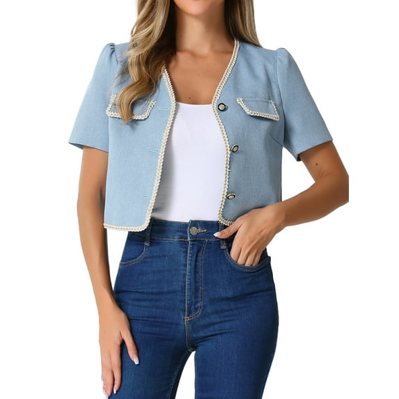 INSPIRE CHIC Contrast Trim Jacket for Women's V Neck Short Sleeve Single Breasted Work Blazer L Light Blue