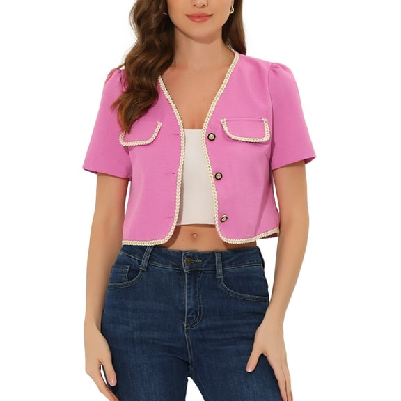 INSPIRE CHIC Contrast Trim Jacket for Women's V Neck Short Sleeve Single Breasted Work Blazer XS Pink