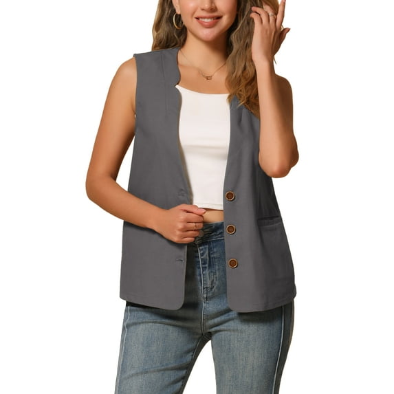 INSPIRE CHIC Women's Button Down Vest Top Cotton Linen V Neck Sleeveless Casual Jacket XS Dark Gray