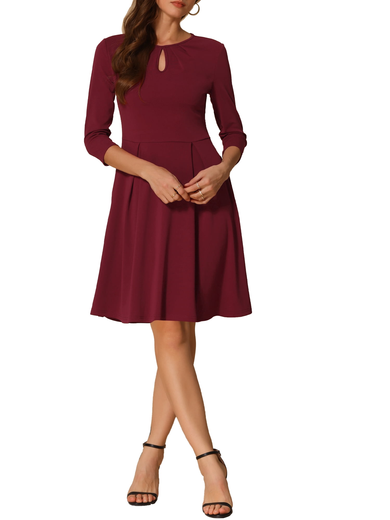 Allegra K Crew Neck Dress for Women's 3/4 Sleeve Pleated A-Line Casual Elegant Dresses L Wine Red, Size: Large