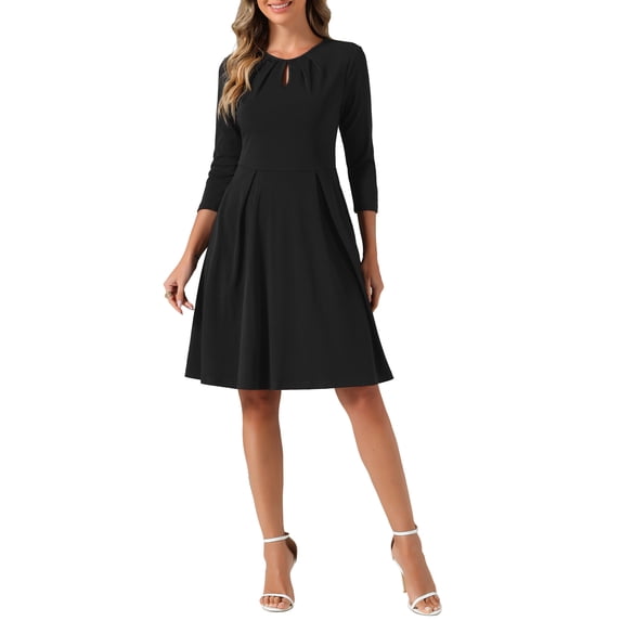 INSPIRE CHIC Crew Neck Dress for Women's 3/4 Sleeve Pleated A-Line Casual Elegant Dresses M Black