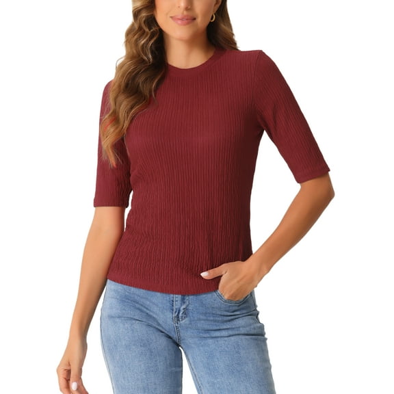 INSPIRE CHIC Crew Neck Top for Women's Ruched Half Sleeve Basic Casual Blouse Tops S Dark Red