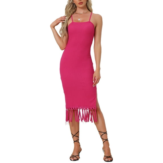 INSPIRE CHIC Crochet Dress for Women's Fringe Hem Boho Beach Sleeveless Dress M Hot Pink