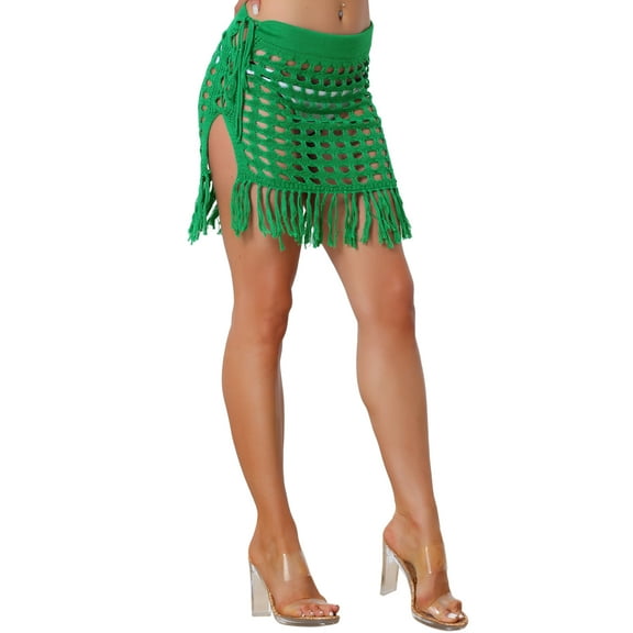 INSPIRE CHIC Crochet Skirt for Women Tassel Mesh Cover Up Skirts Drawstring Beach Skirt M Green