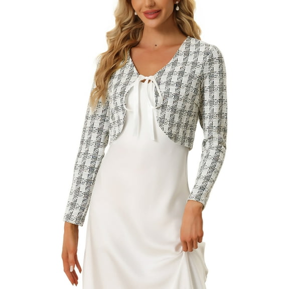 INSPIRE CHIC Crop Jacket for Women's Open Front Long Sleeve Plaid Tweed Blazers White XS