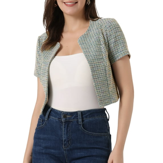 INSPIRE CHIC Crop Tweed Cardigan for Women Open Front Short Sleeve