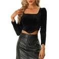 thumbnail image 1 of INSPIRE CHIC Crop Velvet Top for Women Casual Square Neck Long Sleeve Blouse Black XS, 1 of 5