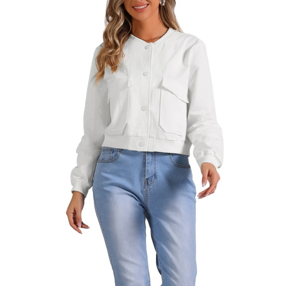 INSPIRE CHIC Cropped Bomber Jacket for Women's Stand Collar Button Down Biker Moto Jackets