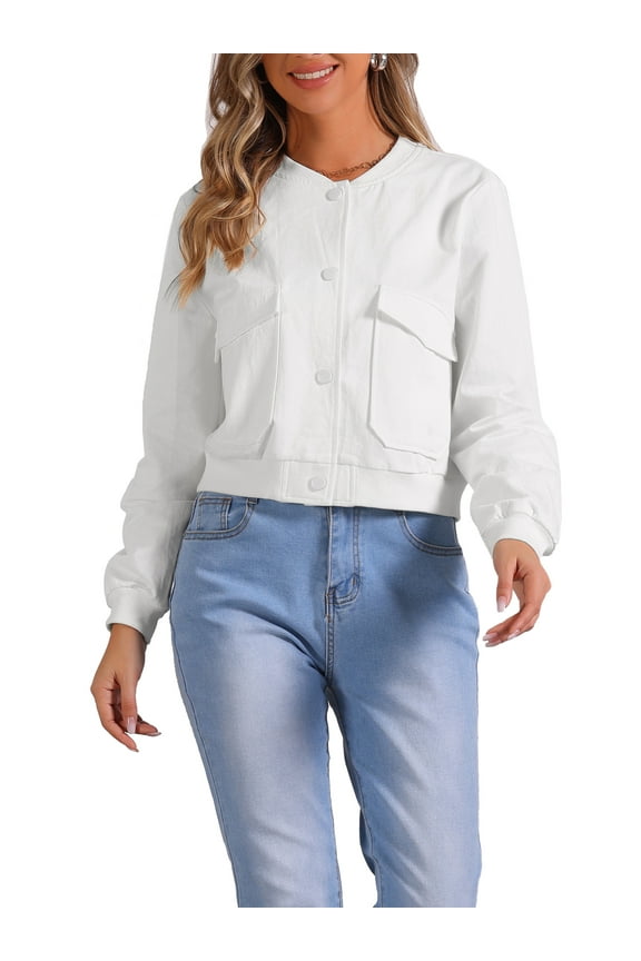 Cropped Bomber Jacket for Women's Stand Collar Button Down Biker Moto Jackets