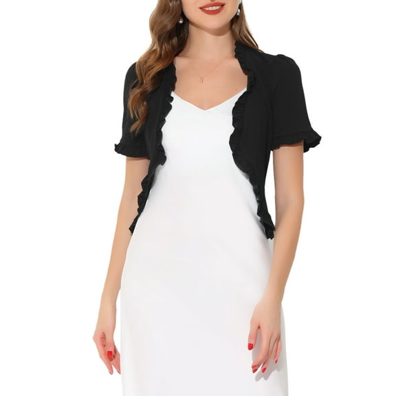 INSPIRE CHIC Cropped Cardigan for Women's Open Front Ruffle Knit Shrugs S Black