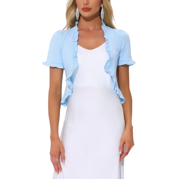 INSPIRE CHIC Cropped Cardigan for Women's Open Front Ruffle Knit Shrugs XS Light Blue