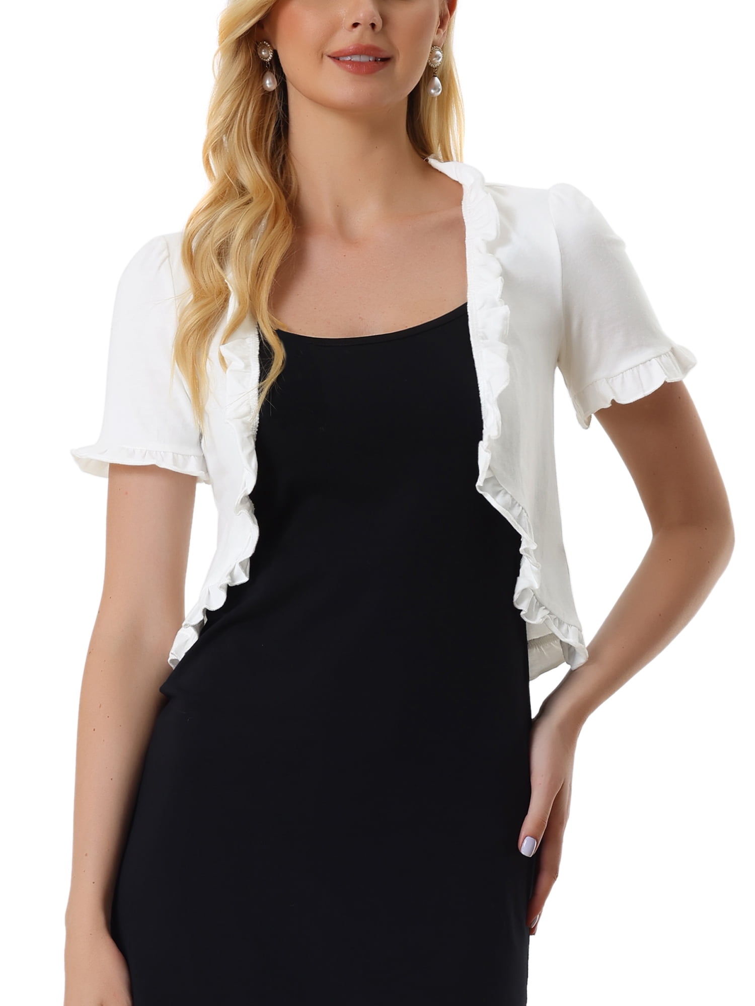 Allegra K Cropped Cardigan for Women's Open Front Ruffle Knit Shrugs