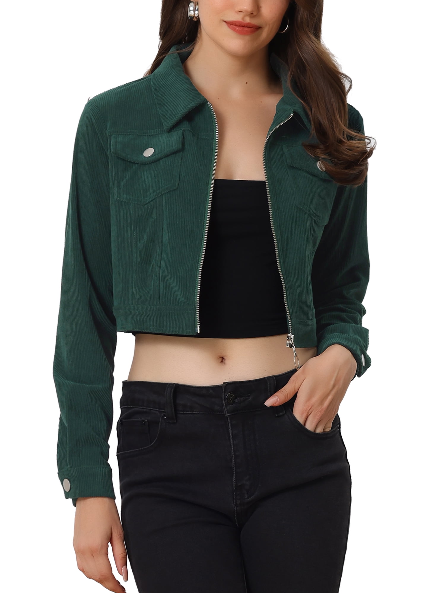 Allegra K Cropped Corduroy Jacket for Women's Lapel Collar Zip Up
