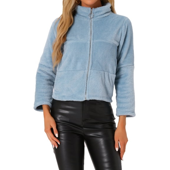 INSPIRE CHIC Cropped Fleece Jacket for Women's Stand Collar Zip-Up Faux Fur Coats
