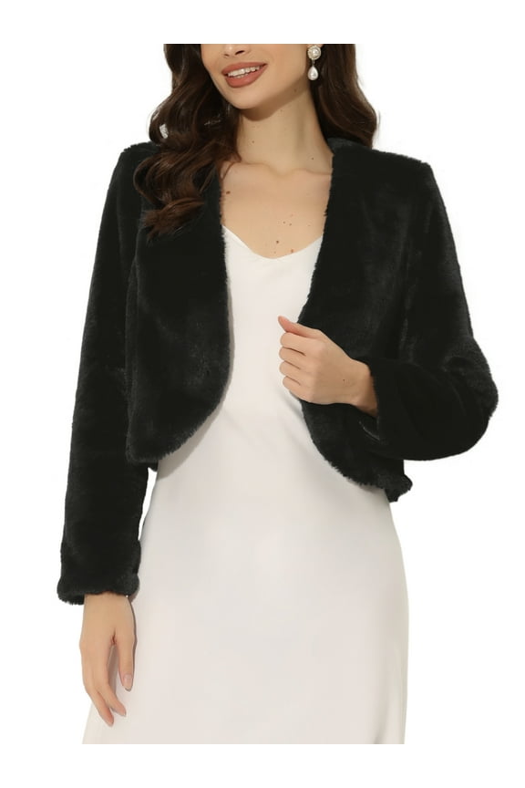 Cropped Open Front Jacket for Women's Faux Fur Long Sleeve Bolero Winter Coat XS Black