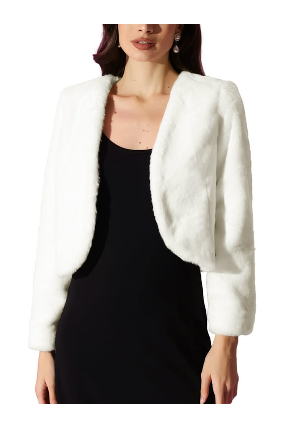 Cropped Open Front Jacket for Women's Faux Fur Long Sleeve Bolero Winter Coat M White