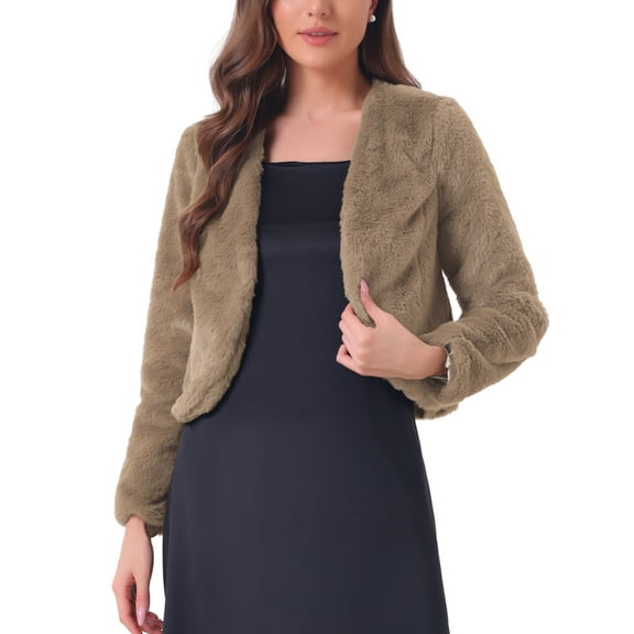 INSPIRE CHIC Cropped Open Front Jacket for Women's Faux Fur Long Sleeve Bolero Winter Coat L Dark Khaki