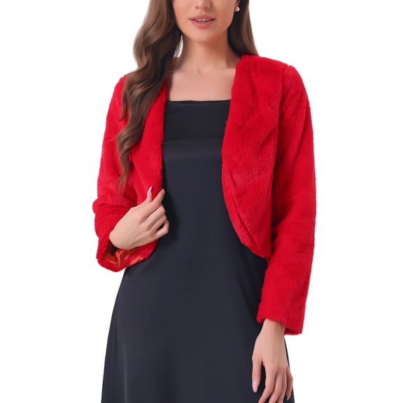 INSPIRE CHIC Cropped Open Front Jacket for Women's Faux Fur Long Sleeve Bolero Winter Coat XS Red