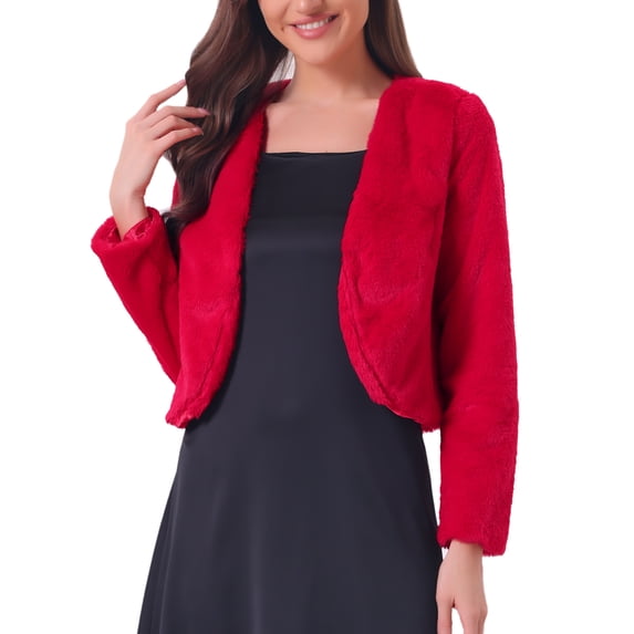 INSPIRE CHIC Women's Faux Fur Bolero Long Sleeve Open Front Cropped Jacket Red XL