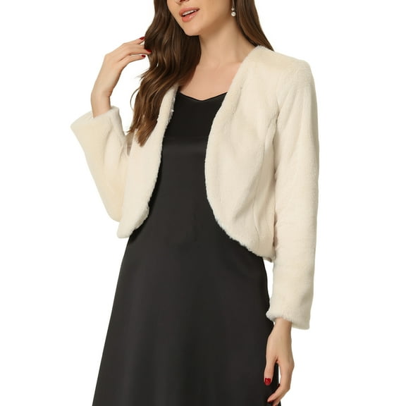 INSPIRE CHIC Cropped Open Front Jacket for Women's Faux Fur Long Sleeve Bolero Winter Coat S Beige
