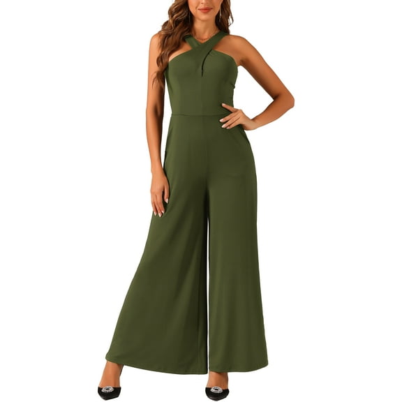 INSPIRE CHIC Cross Neck Jumpsuits for Women's Wide Leg Sleeveless Full Length Romper S Army Green