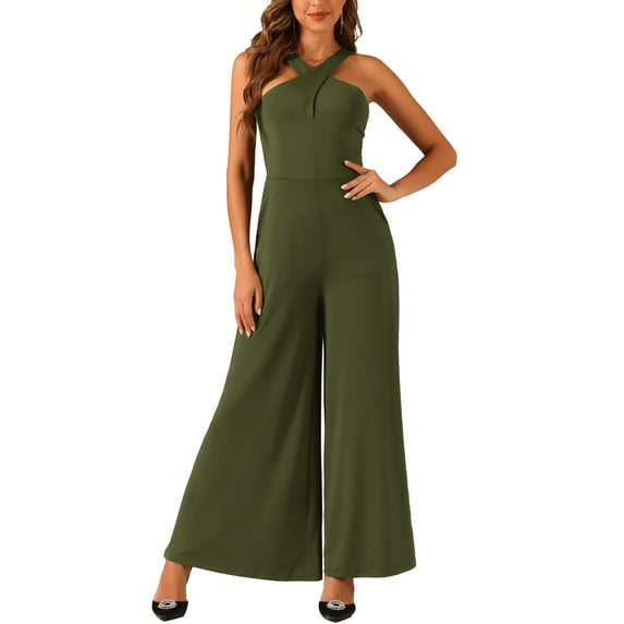INSPIRE CHIC Cross Neck Jumpsuits for Women's Wide Leg Sleeveless Full Length Romper XL Army Green