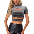 thumbnail image 1 of INSPIRE CHIC Cut Out Top for Women's Glitter Sparkle Velvet Short Sleeve Fitted Crop Tops XL Grey, 1 of 6