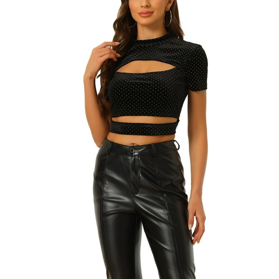 INSPIRE CHIC Cut Out Top for Women's Glitter Sparkle Velvet Short Sleeve Fitted Crop Tops XS Black