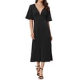 thumbnail image 1 of INSPIRE CHIC Deep V Neck Women's Short Sleeve a Line Swing Flared Midi Dress Black S, 1 of 5