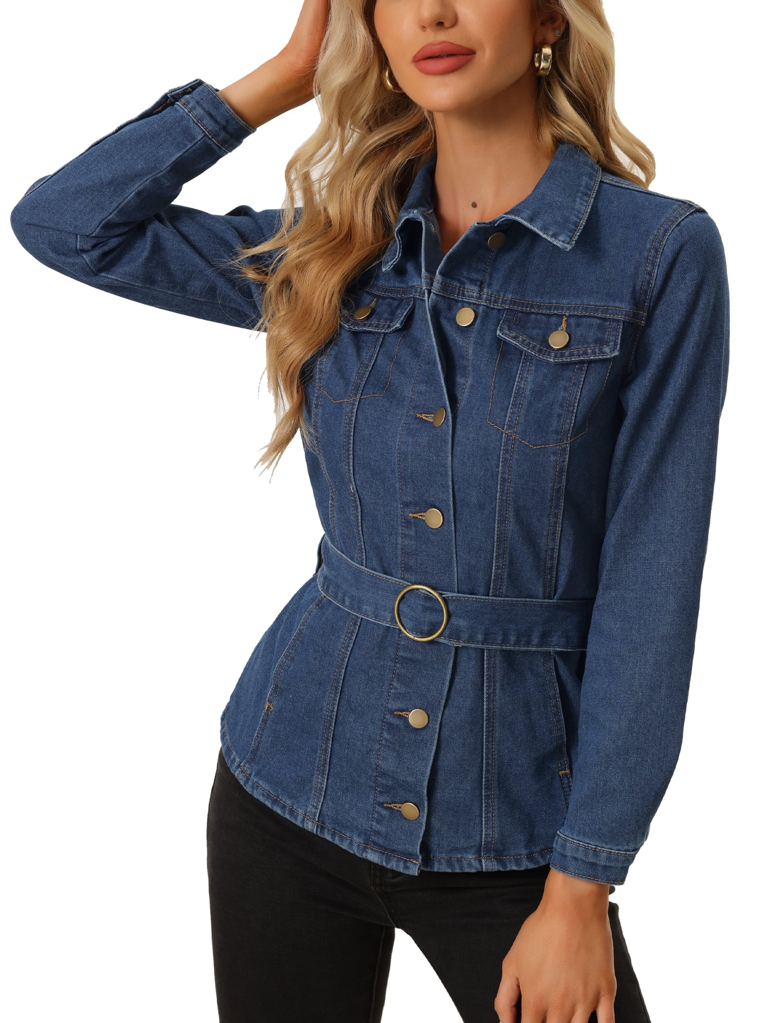 Allegra K Denim Belted Jacket for Women's Lapel Collar Single