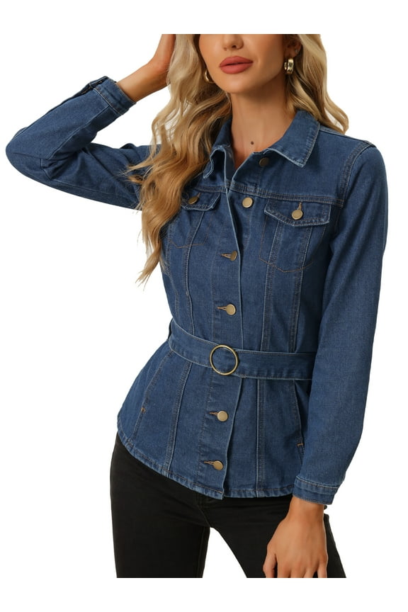Denim Belted Jacket for Women's Lapel Collar Single Breasted Jean Jackets