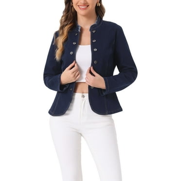 Allegra K Denim Blazer for Women's Open Front Distressed Stand Collar Jeans Jacket L Dark Blue