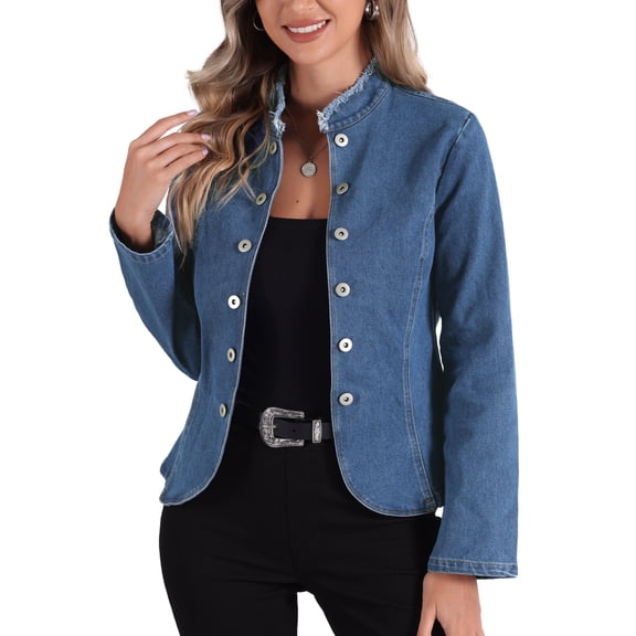 Allegra K Denim Blazer for Women's Open Front Distressed Stand Collar Jeans Jacket M Blue