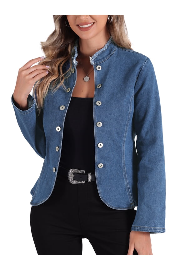 Denim Blazer for Women's Open Front Distressed Stand Collar Jeans Jacket M Blue