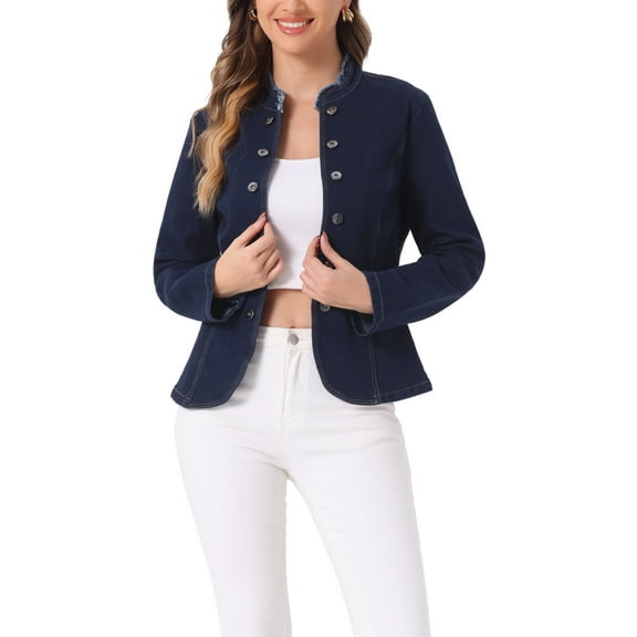 INSPIRE CHIC Denim Blazer for Women's Open Front Distressed Stand Collar Jeans Jacket M Dark Blue
