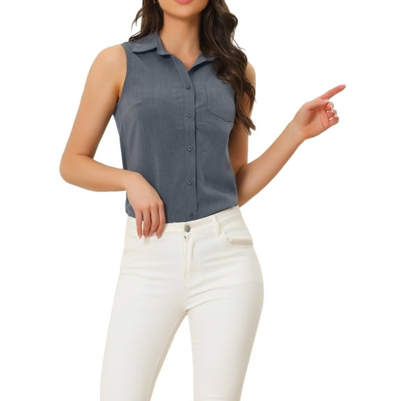 INSPIRE CHIC Women's Button Down Shirt Sleeveless Lapel V Neck Tunic Chambray Denim Top L Dark Blue