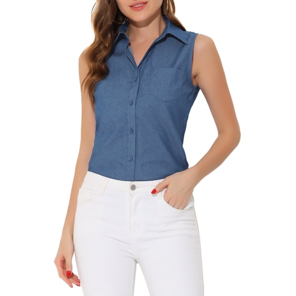 INSPIRE CHIC Women's Button Down Shirt Sleeveless Lapel V Neck Tunic Chambray Denim Top M Blue