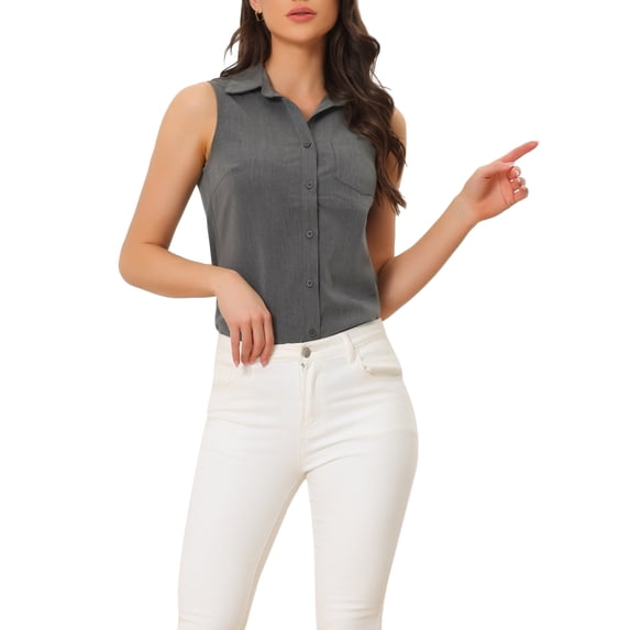 INSPIRE CHIC Women's Button Down Shirt Sleeveless Lapel V Neck Tunic Chambray Denim Top M Dark Grey