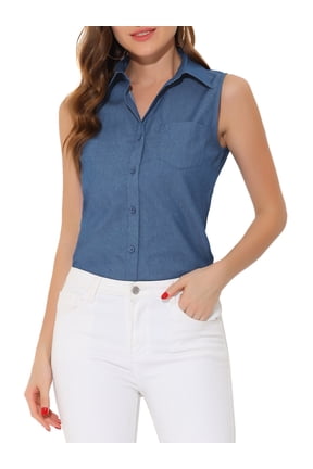 Women's Button Down Shirt Sleeveless Lapel V Neck Tunic Chambray Denim Top XL Blue