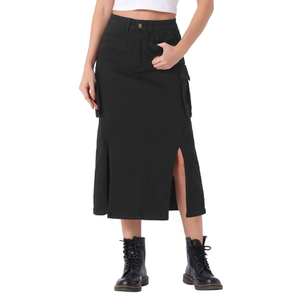 INSPIRE CHIC Denim Cargo Skirt for Women's Y2K Split Hem Midi Jean Skirts with Pocket S Black