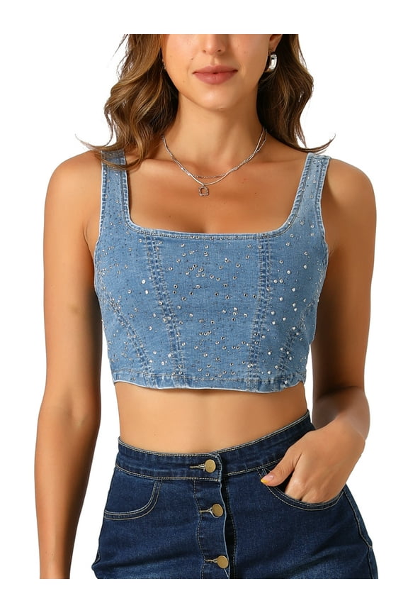 Denim Corset Tops for Women's Sleeveless Bustier Jean Crop Tank Top