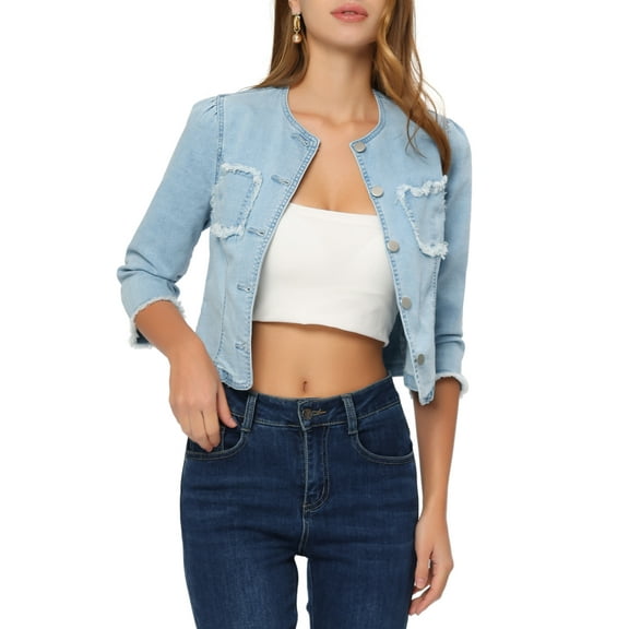 INSPIRE CHIC Denim Crop Jacket for Women’s Round Neck 3/4 Sleeves Frayed Casual Jean Jacket
