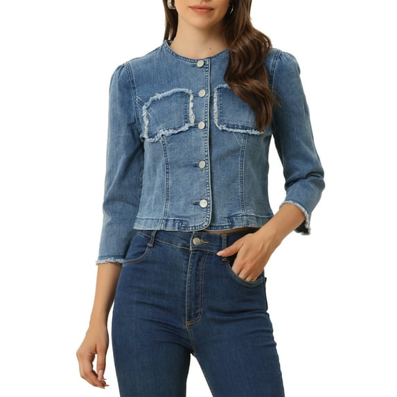 INSPIRE CHIC Denim Crop Jacket for Women’s Round Neck 3/4 Sleeves Frayed Casual Jean Jacket