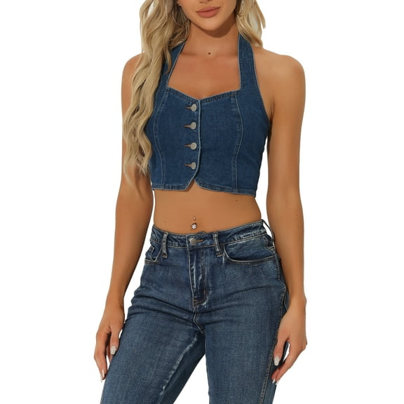 INSPIRE CHIC Women's Top Denim Crop Sleeveless Button Front Halter Tank Tops M Dark Blue