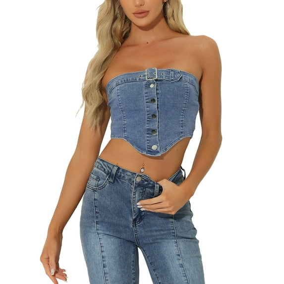 INSPIRE CHIC Women's Top Denim Crop Tube Strapless Sleeveless Button Corset Top L Light Blue