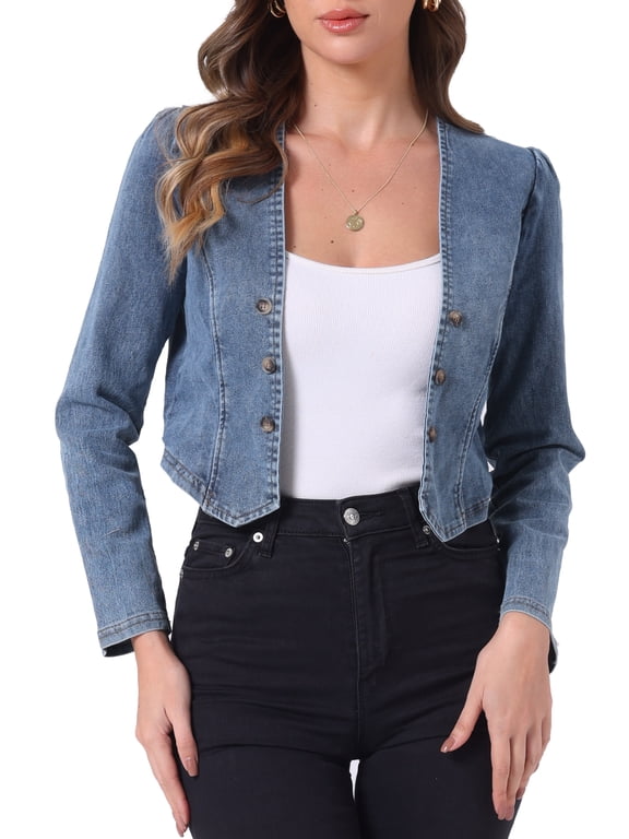 Denim Cropped Jacket for Women's Open Front Collarless Casual Bolero Shrug L Dusty Blue