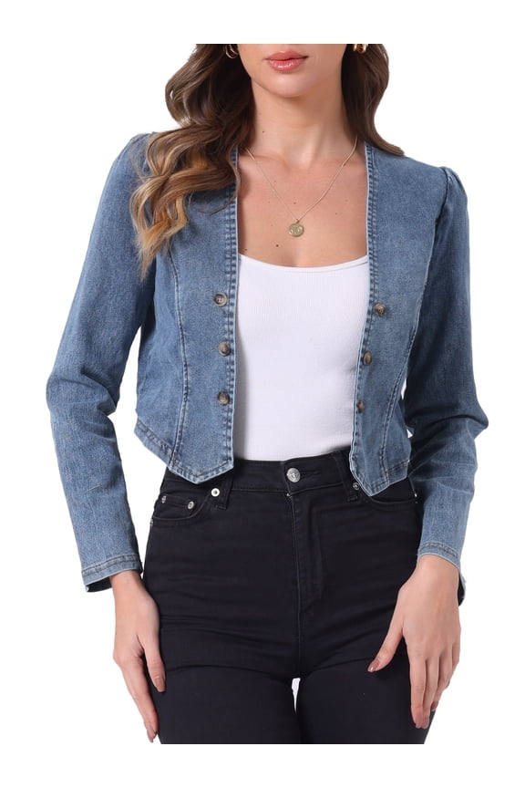 Denim Cropped Jacket for Women's Open Front Collarless Casual Bolero Shrug L Dusty Blue